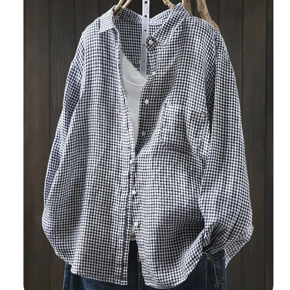 Buykud Linen Cotton Gingham Button Down Shirt Navy Blue White Lattice Top- 2XL